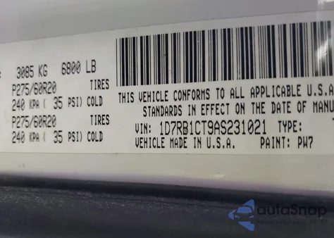 2010 Dodge Ram 1500 Slt/Sport/Trx из США, поврежденный, VIN 1D7RB1CT9AS231021